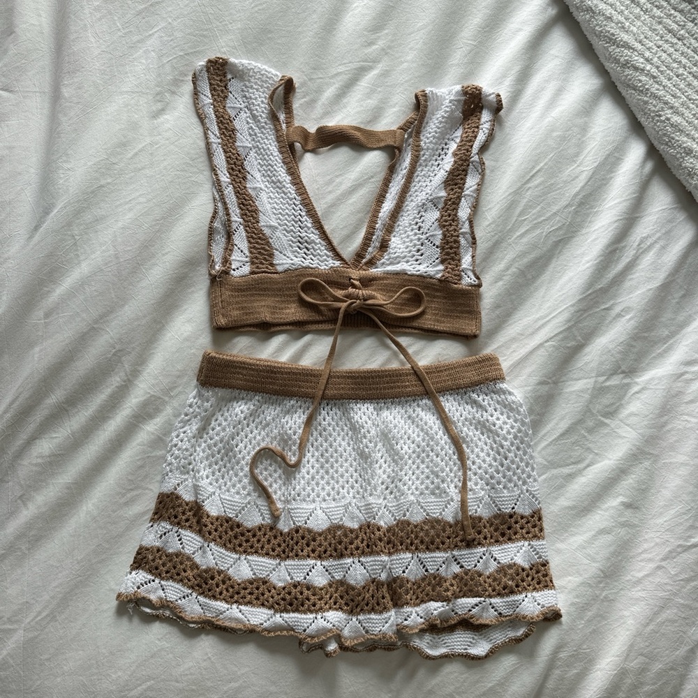 Crochet Two-Piece Set in White and Brown
